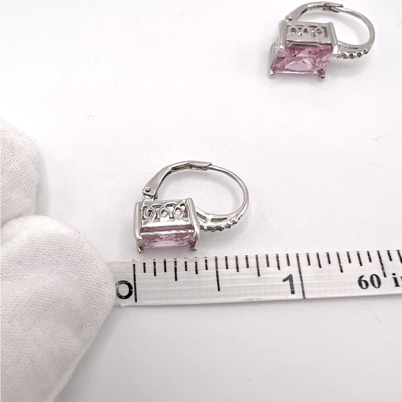 .925 Sterling Silver 9mmx7mm Rectangle Pink Cz Lever Back Earrings - Picture 12 of 13